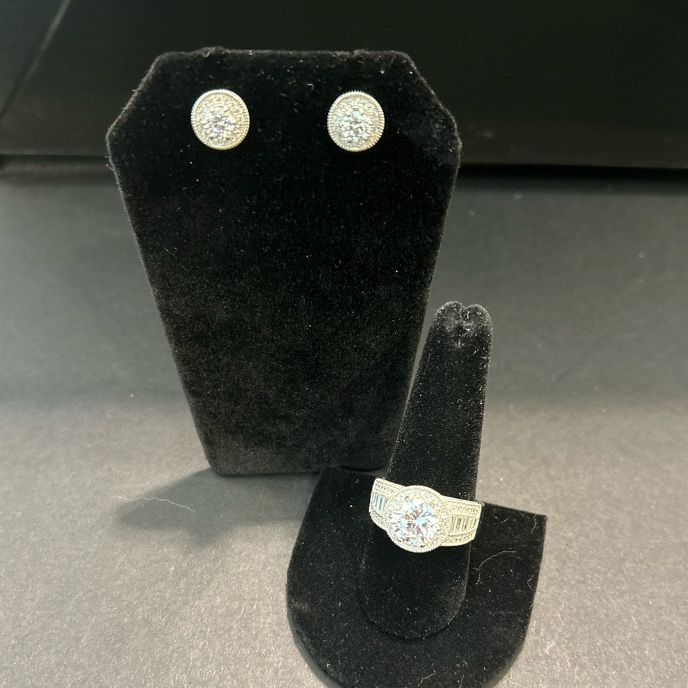 JTV Diamond Simulant Set in Silver Ring and Earrings